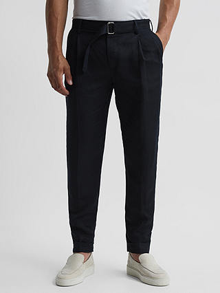 Reiss Crease Belted Tapered Linen Blend Suit Trousers
