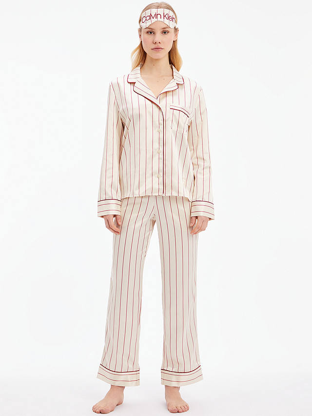 Calvin Klein Stripe Shirt Pyjama Set & Logo Eye Mask, Pink/Tapioca