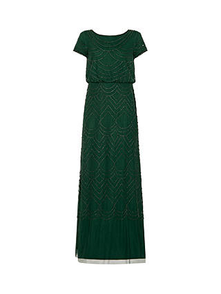 Adrianna Papell Blouson Beaded Evening Maxi Dress, Dusty Emerald