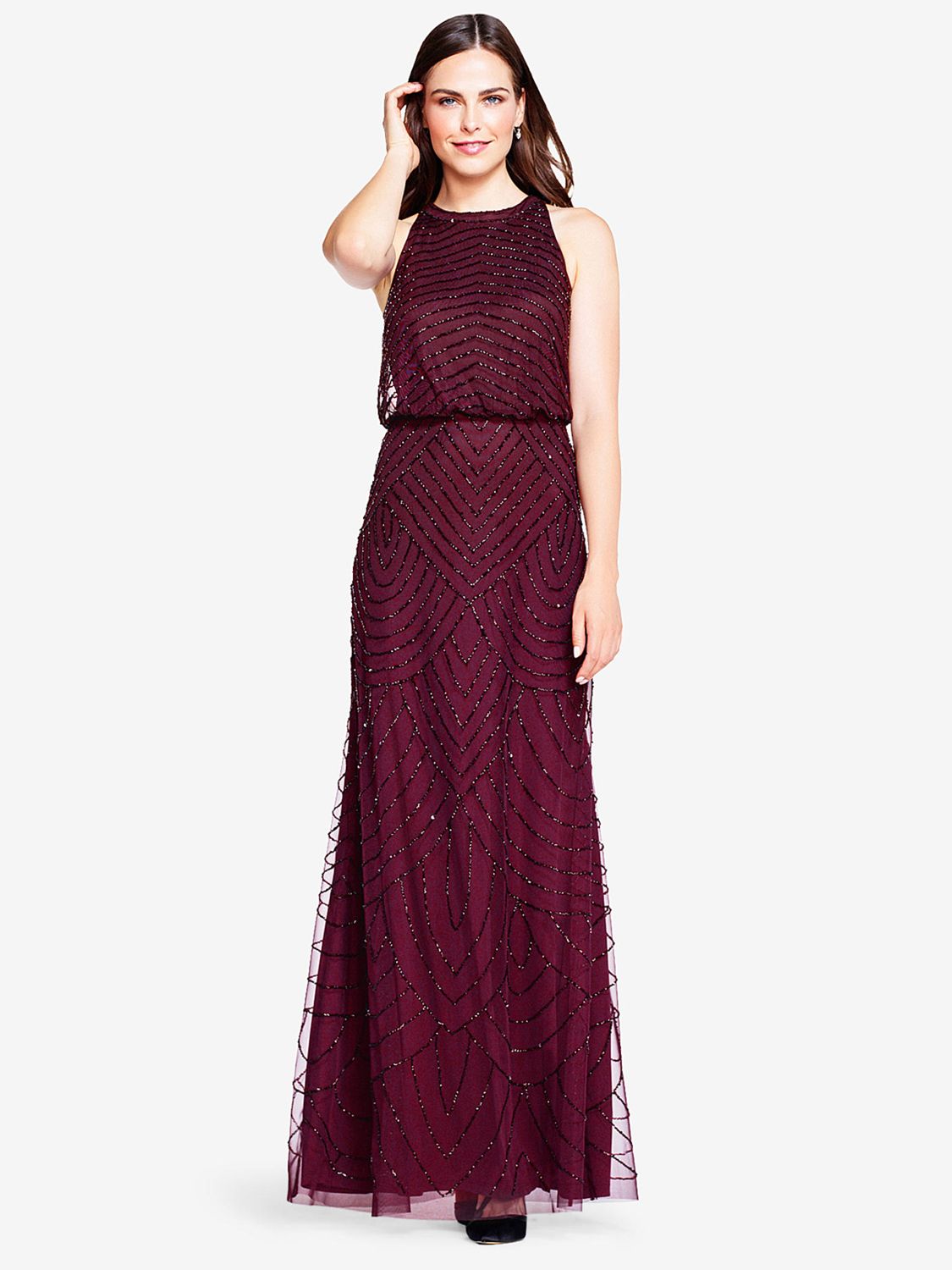 Adrianna Papell Beaded Halter Neck Evening Maxi Dress Cassis at