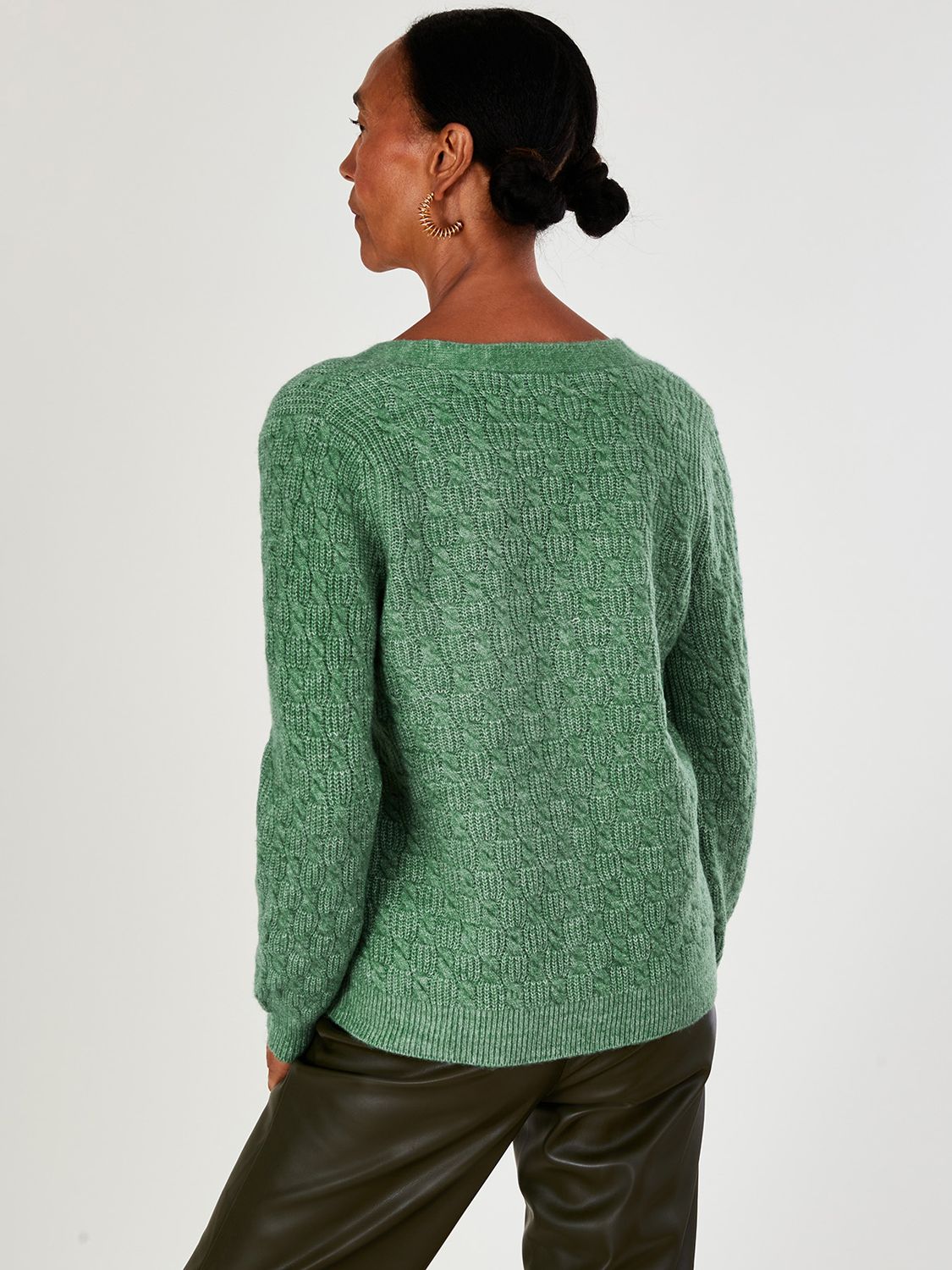 Monsoon Supersoft Cable Knit Cardigan, Green, S