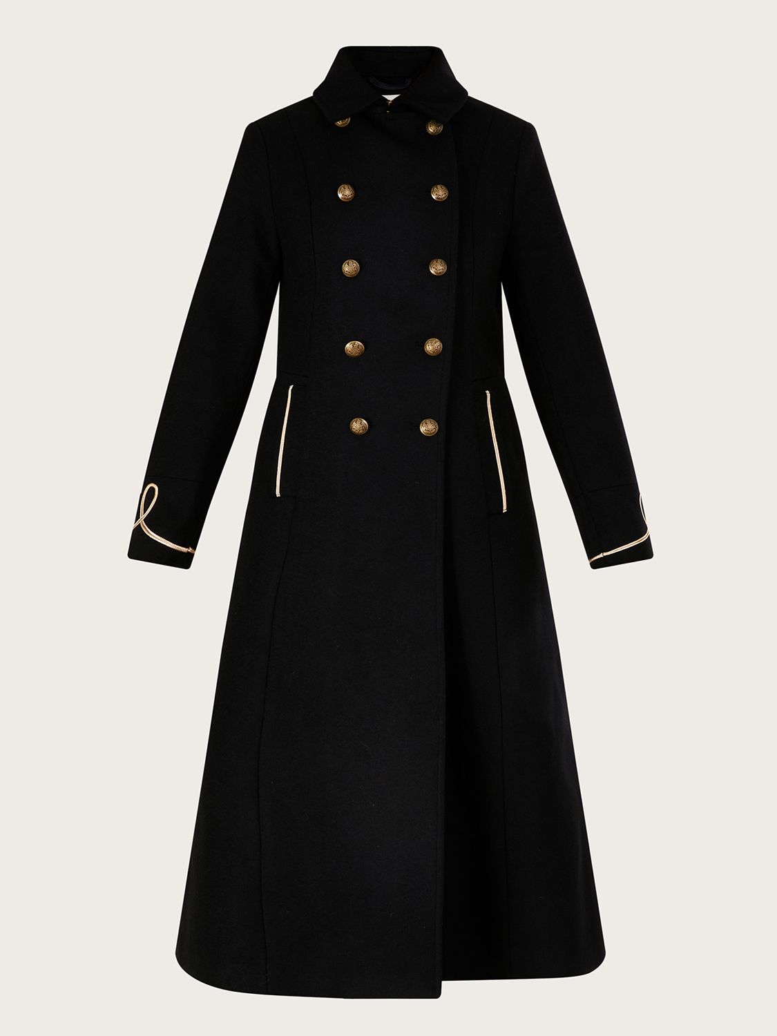 Monsoon Minnie Long Military Coat, Black at John Lewis & Partners