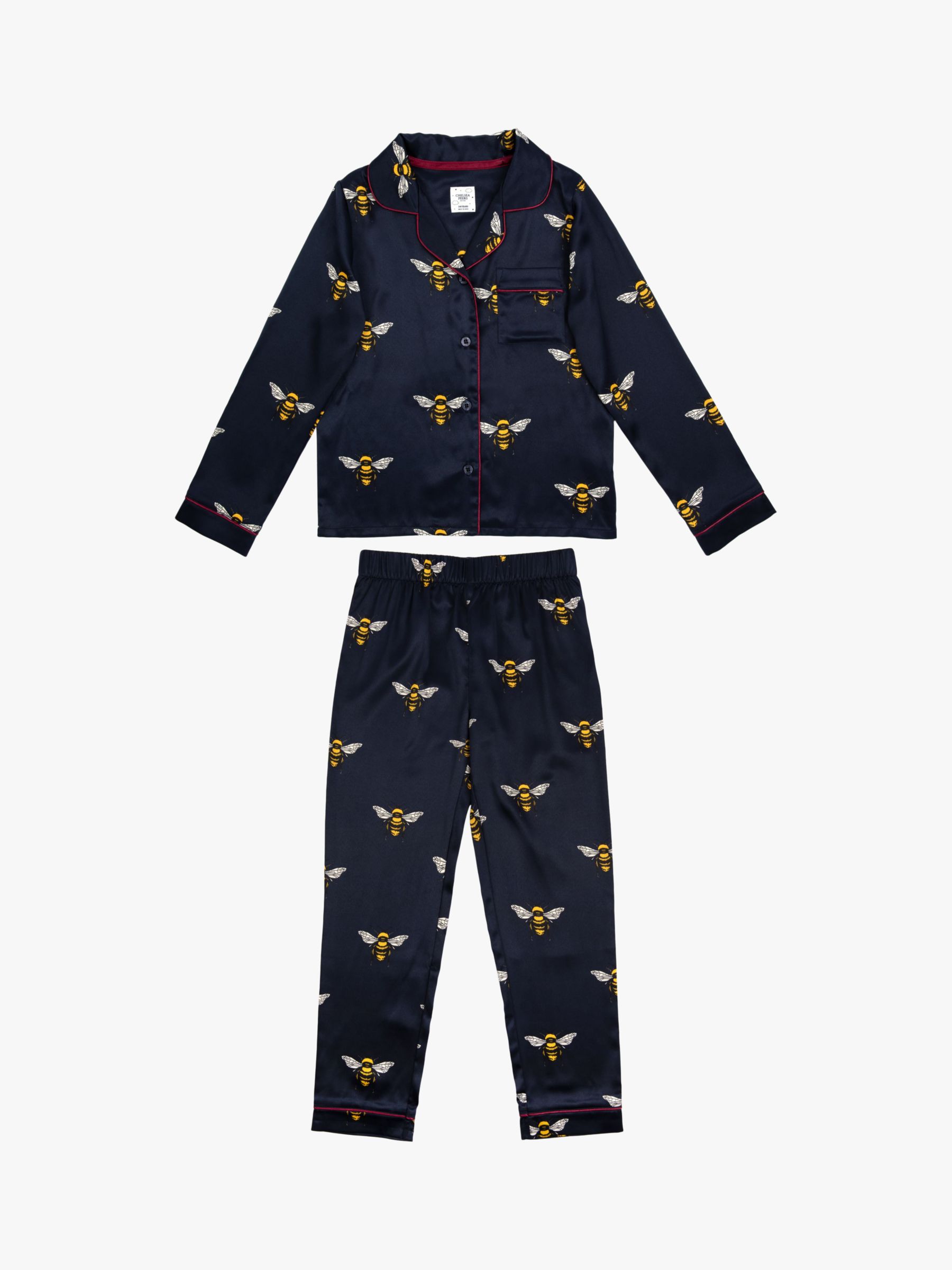 Chelsea Peers Kids' Satin Bee Shirt Pyjama Set, Navy, 1-2 years