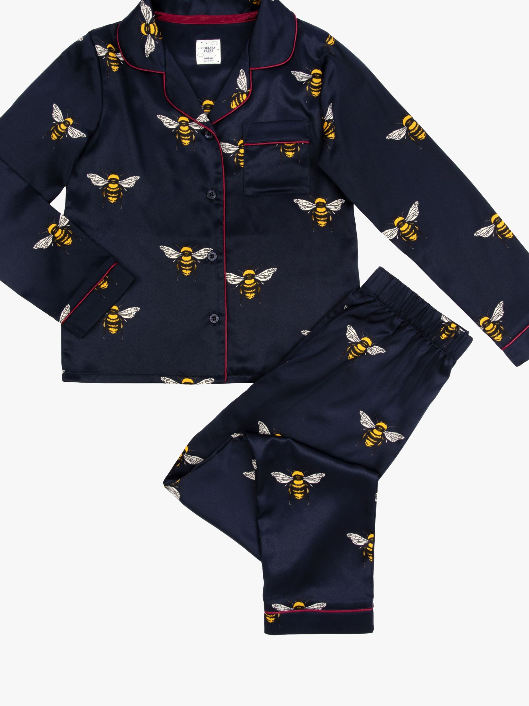 Chelsea Peers Kids' Satin Bee Shirt Pyjama Set, Navy, 1-2 years