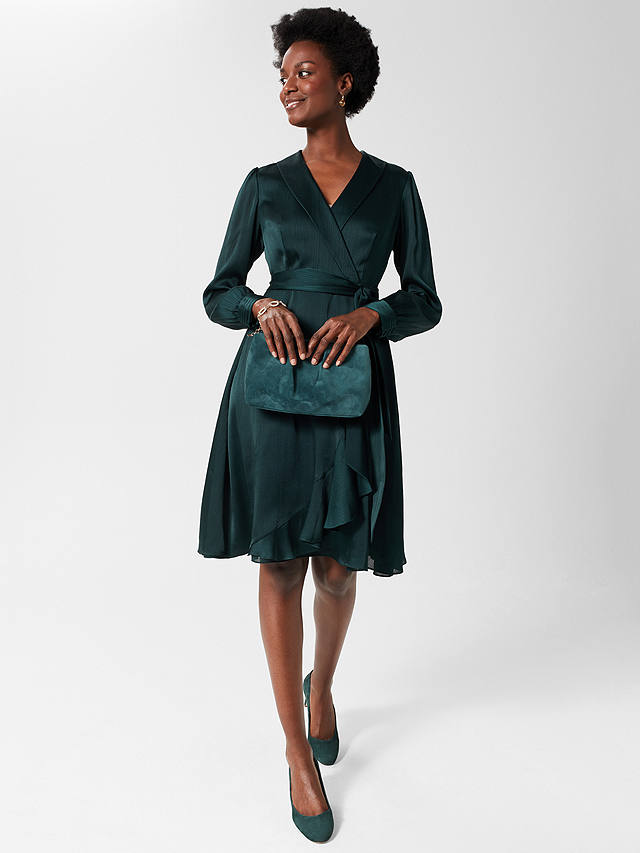 Hobbs Sally Satin Wrap Knee Length Dress, Evergreen