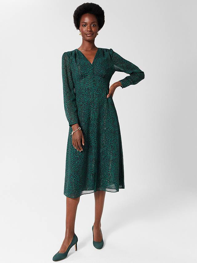 Hobbs Danica Leopard Print Midi Dress, Sea Green