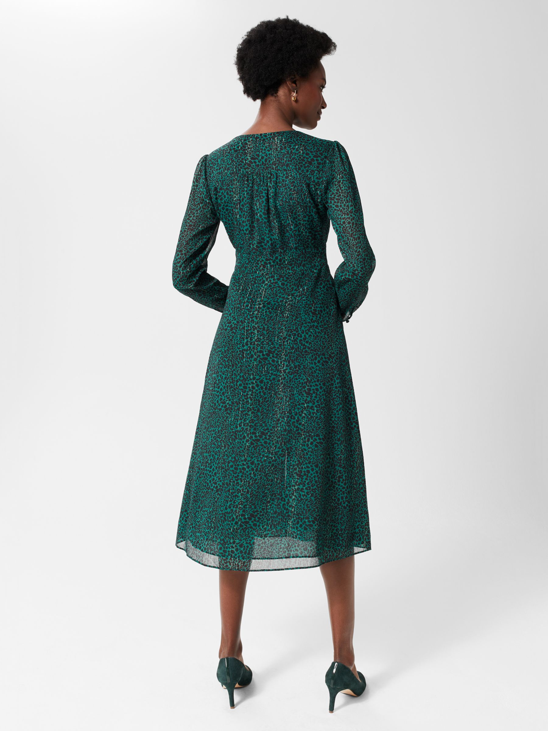 Hobbs Danica Leopard Print Midi Dress, Sea Green at John Lewis & Partners