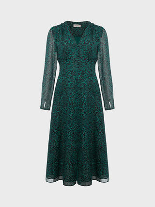 Hobbs Danica Leopard Print Midi Dress, Sea Green