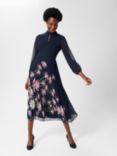 Hobbs Deanna Floral Print Pleated Midi Dress, Navy/Multi