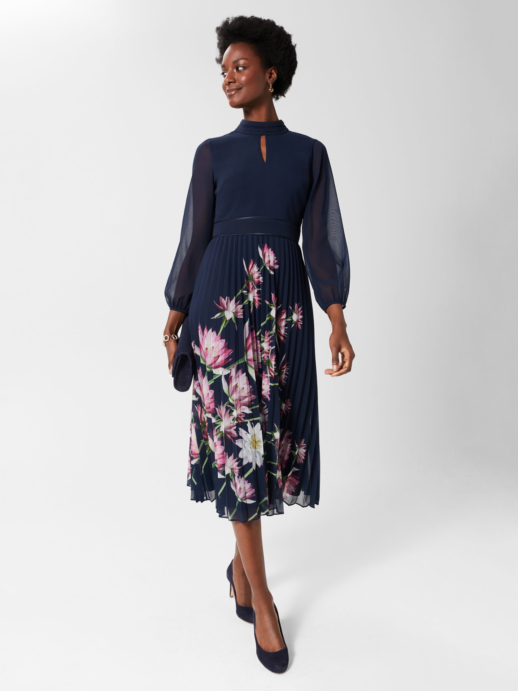 Hobbs Deanna Floral Print Pleated Midi Dress, Navy/Multi at John Lewis