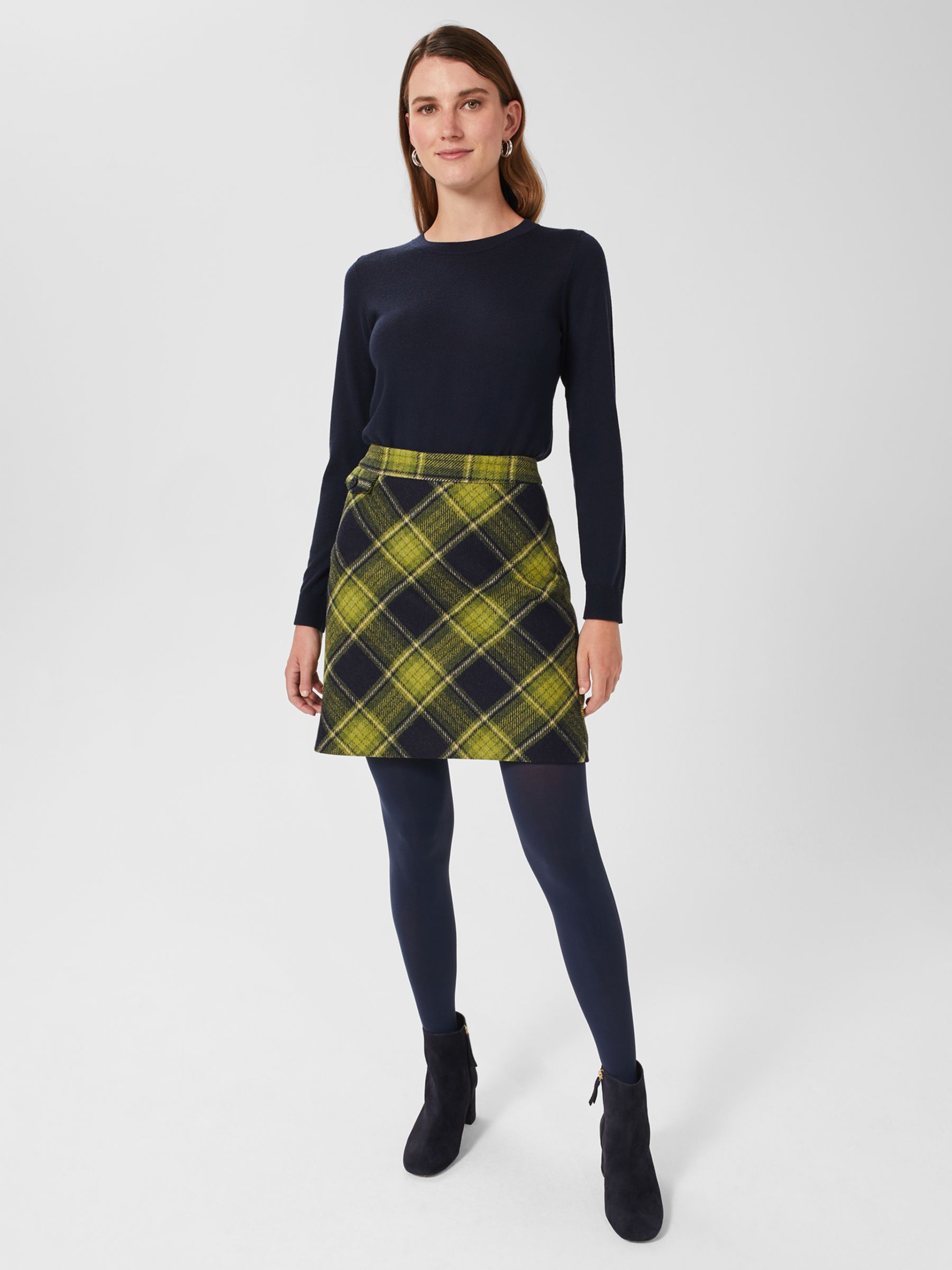 Hobbs Arianne Check Wool Mini Skirt, Green/Navy at John Lewis & Partners