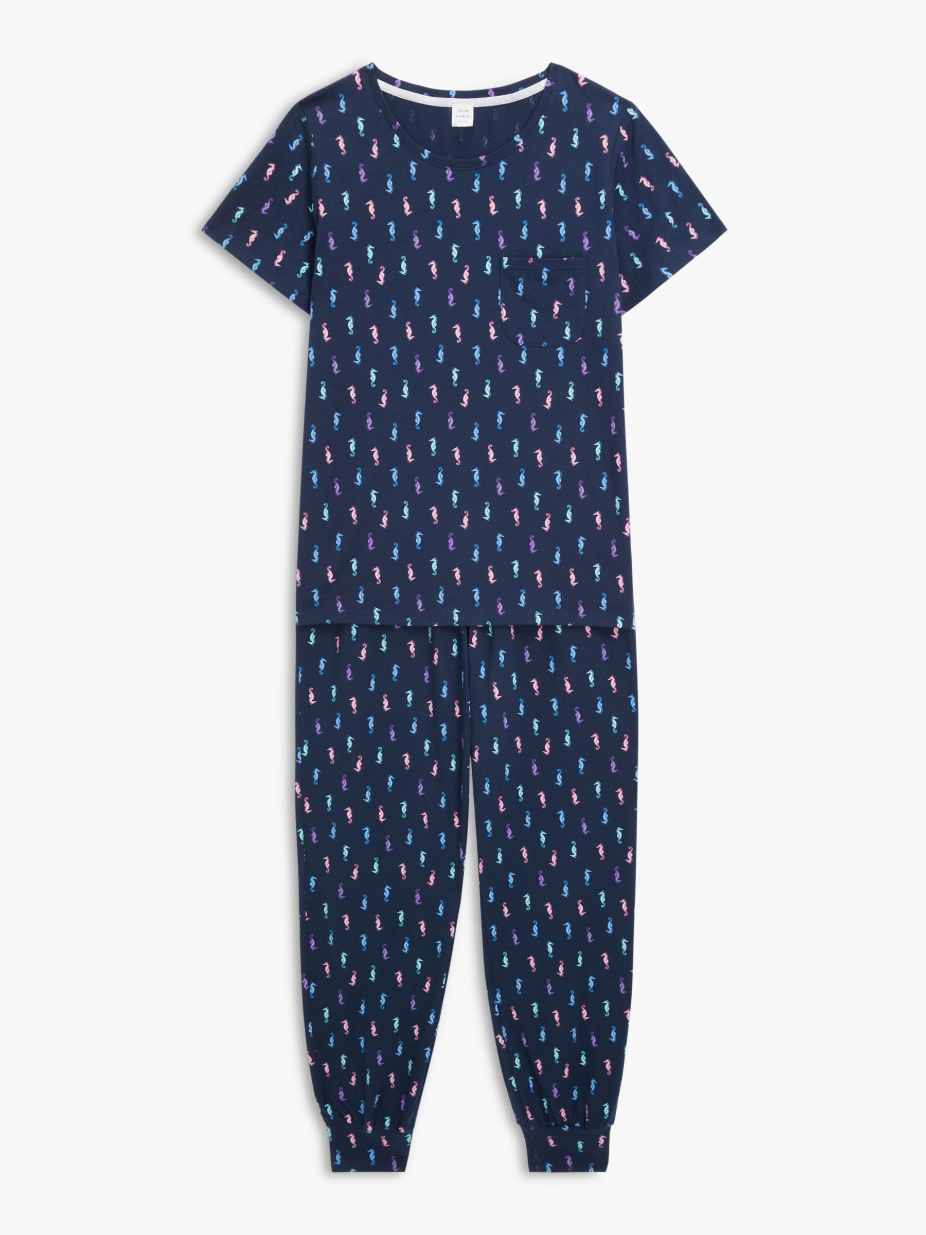 John Lewis Seahorse Short Sleeve Jersey Pyjama Set, Navy, 8