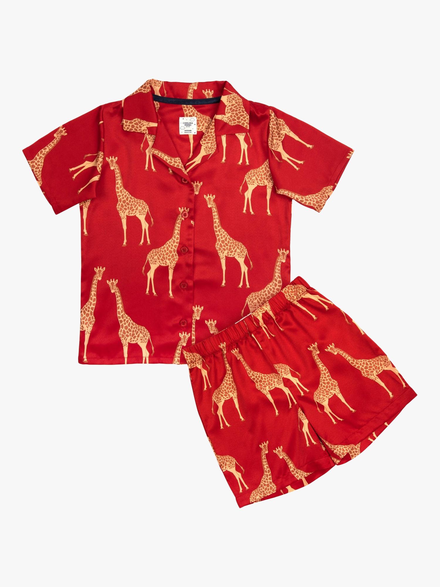 Chelsea Peers Kids' Satin Giraffe Shorts Pyjama Set, Red, 1-2 years