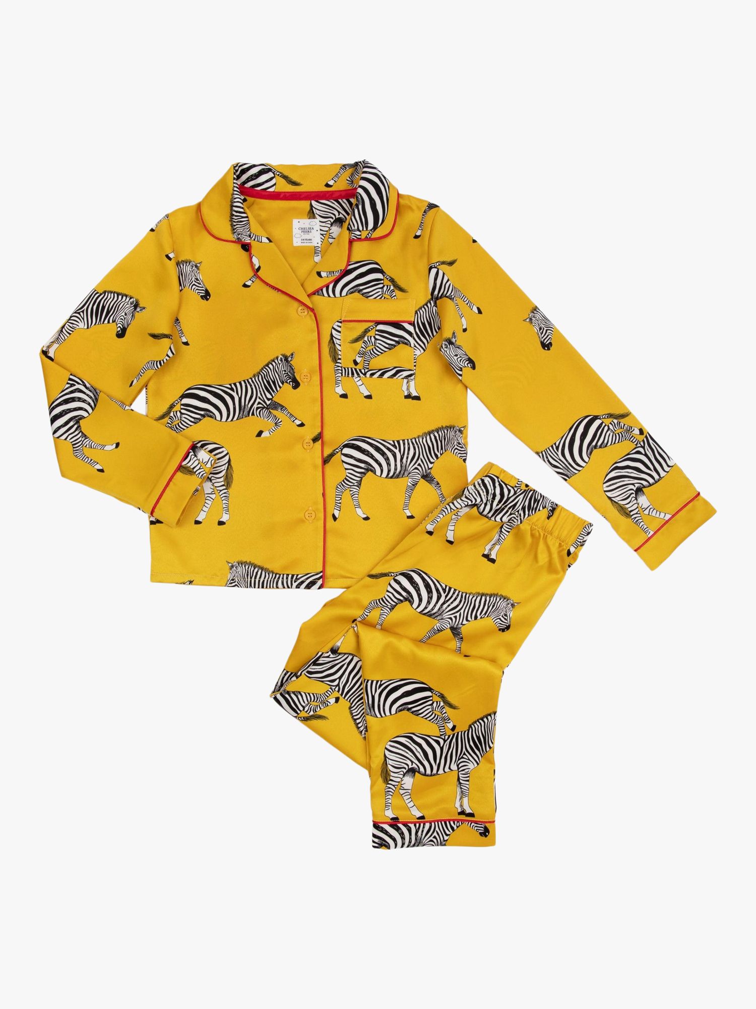 Chelsea Peers Kids' Satin Zebra Pyjama Set, Mustard at John Lewis & Partners