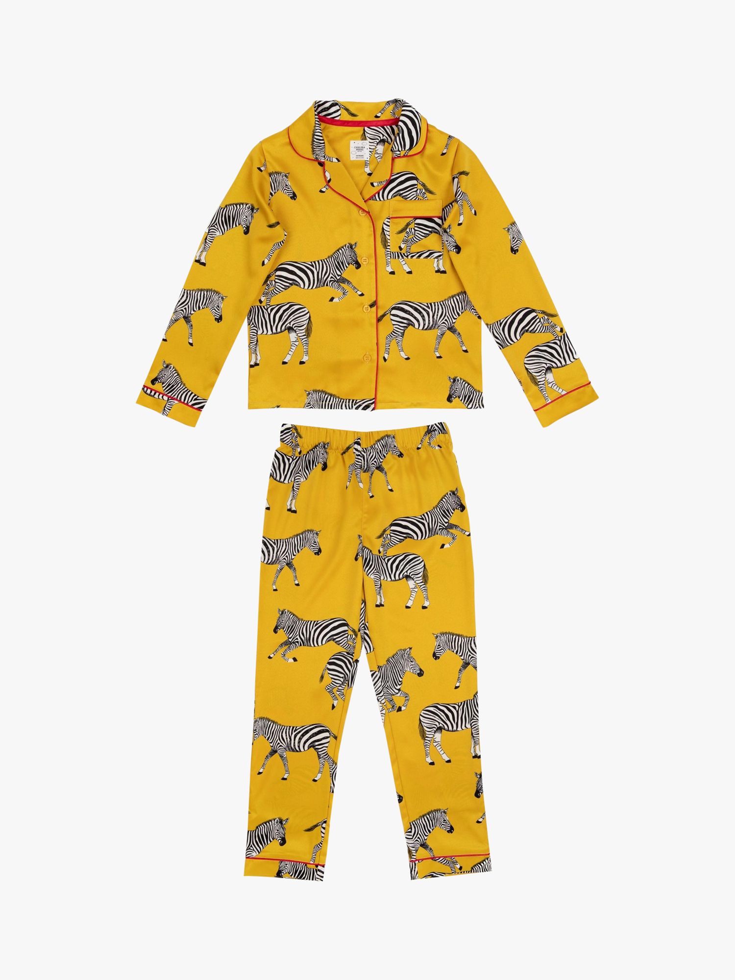 Chelsea Peers Kids' Satin Zebra Pyjama Set, Mustard, 1-2 years