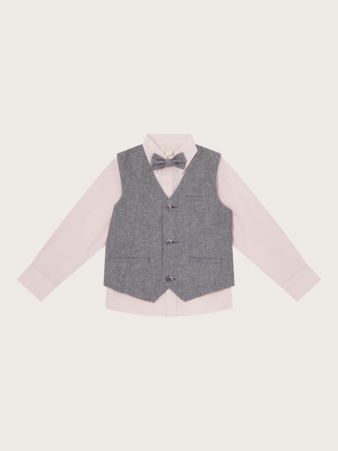 Monsoon Kids' Three-Piece Waistcoat, Shirt & Bow Tie Set, Grey