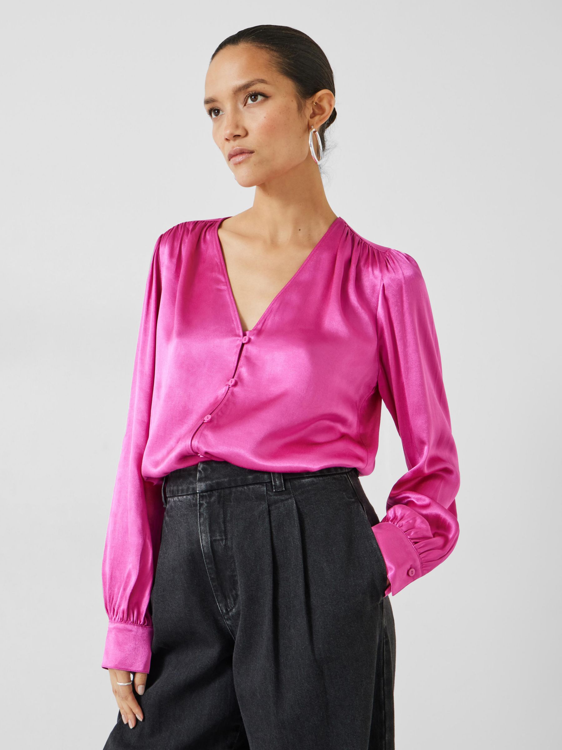 Bright Pink Satin V Neck Long Sleeve Tie Side Wrap Top