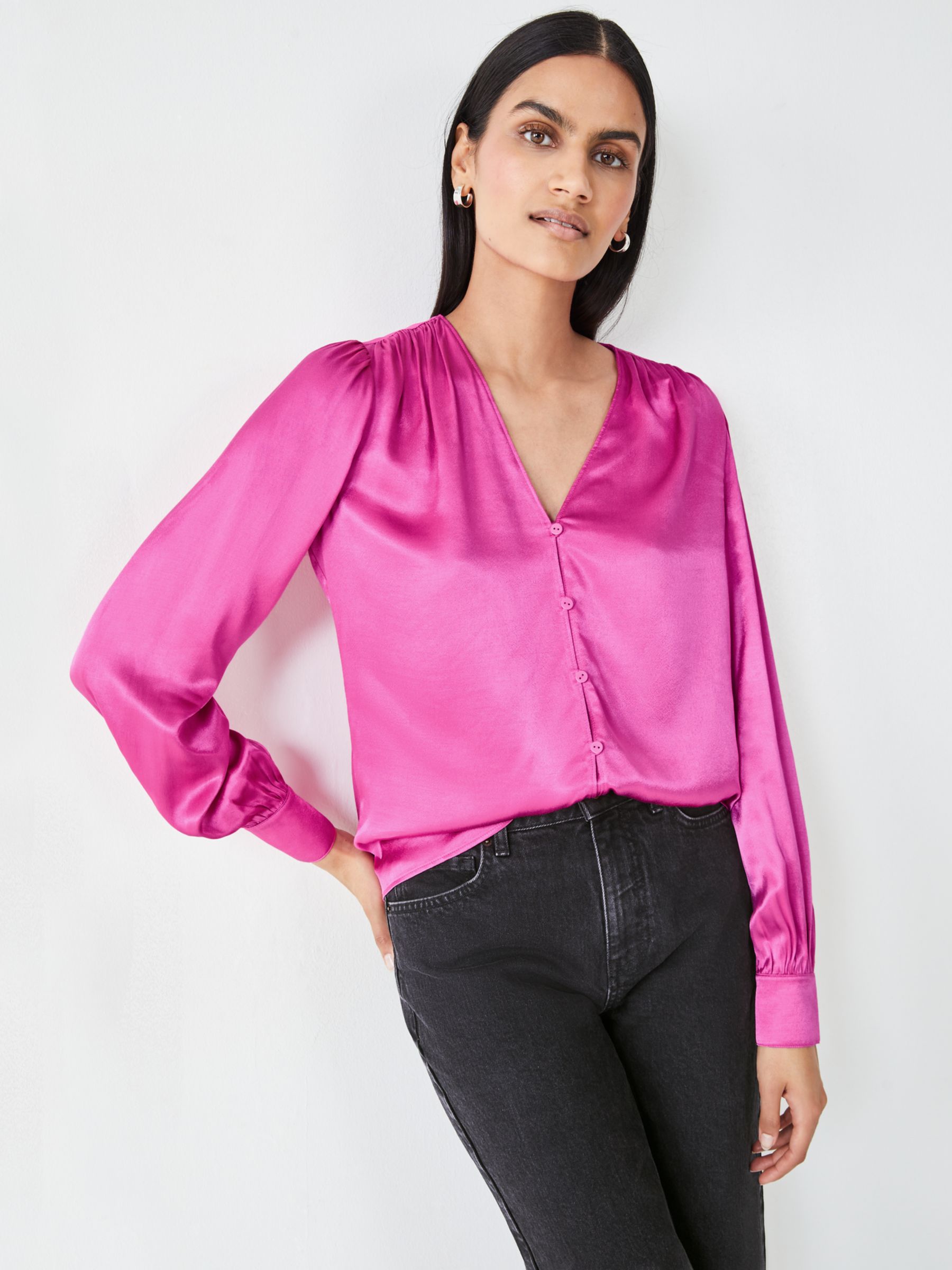 HUSH Priscilla Satin Tie Blouse, Vibrant Pink at John Lewis & Partners