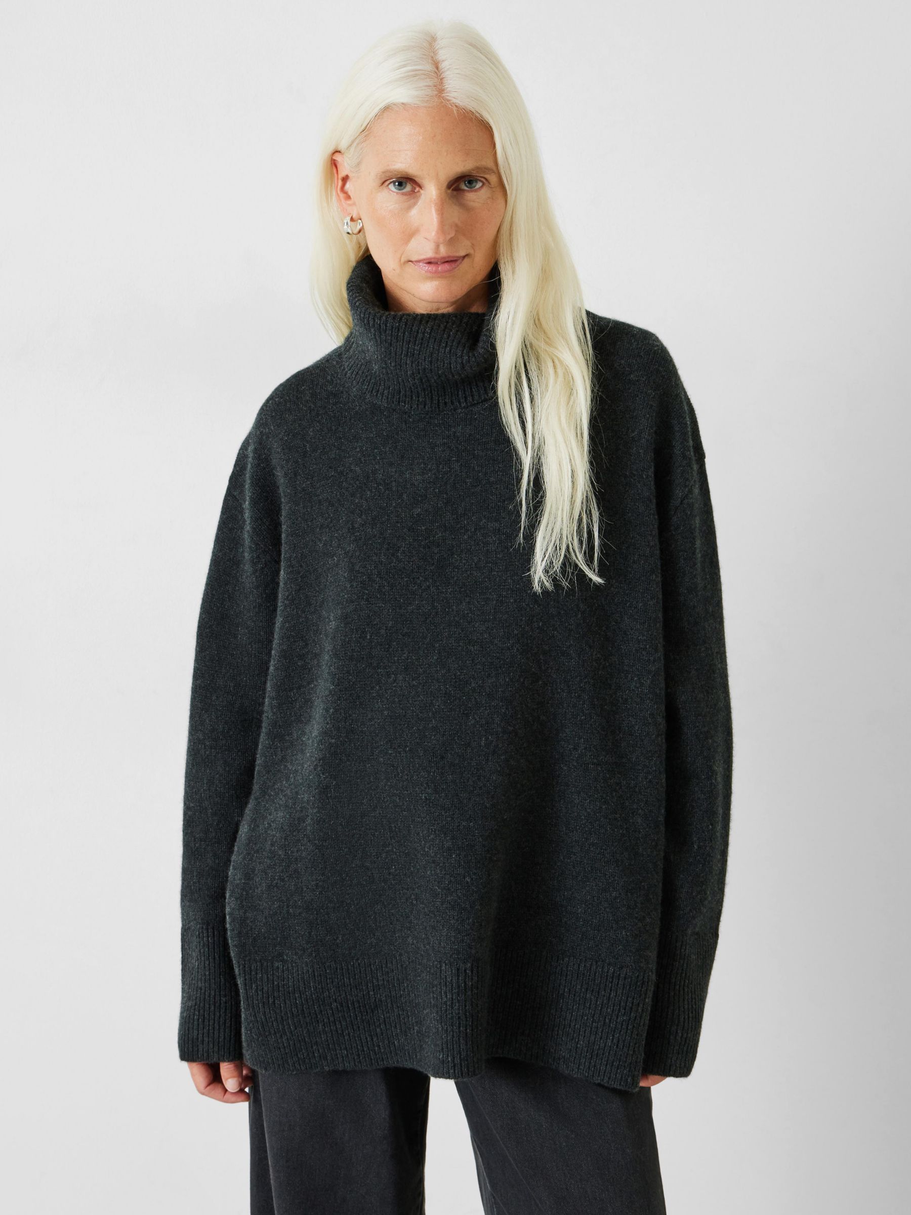 HUSH Cashmere Chunky Roll Neck Jumper, Charcoal Marl, XS