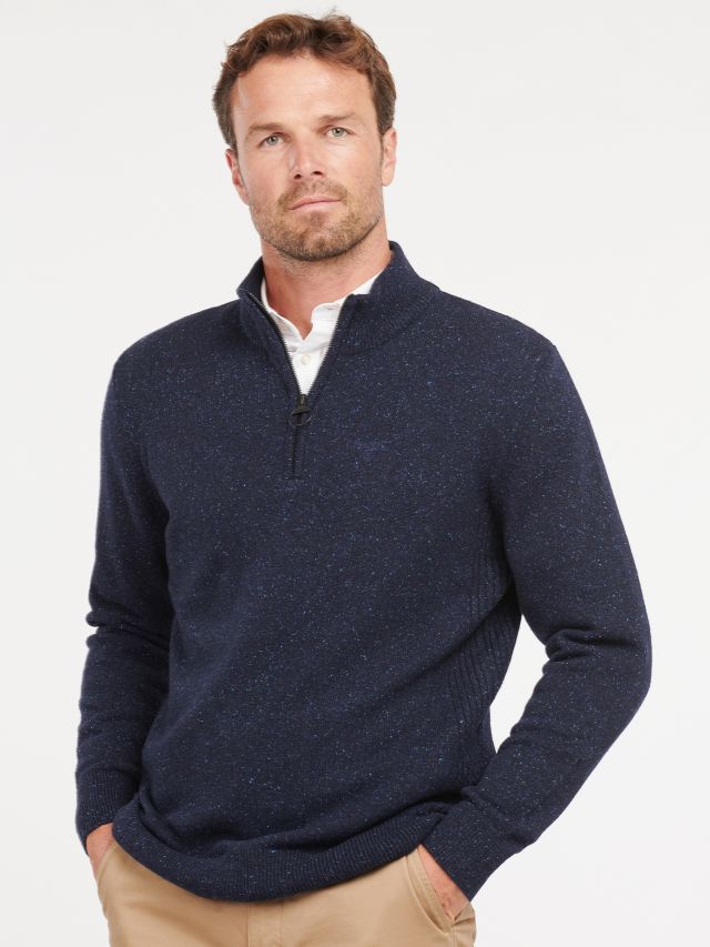 Barbour Essential Tisbury Wool and Silk Blend Half Zip Jumper, Navy, S