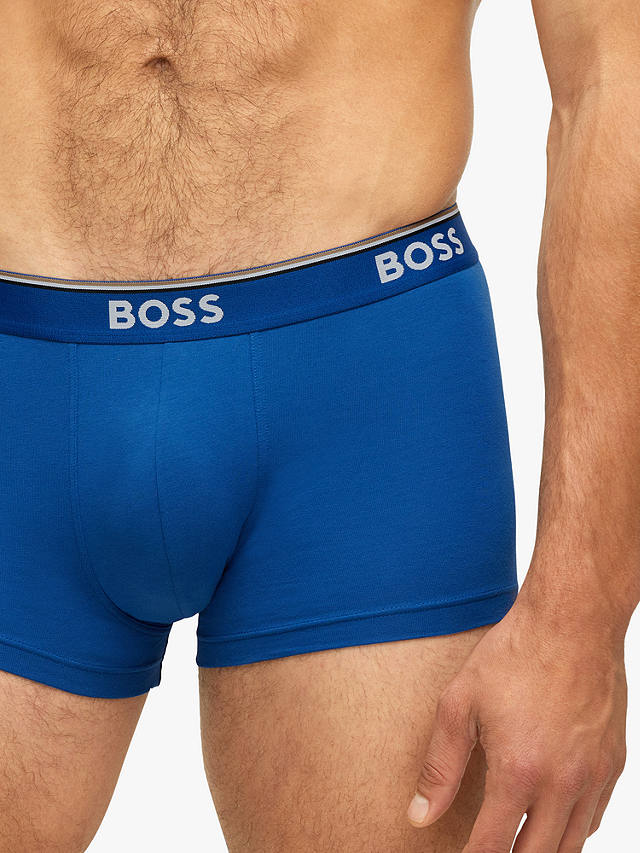 BOSS Power Cotton Logo Waistband Trunks, Pack of 3, Open Blue
