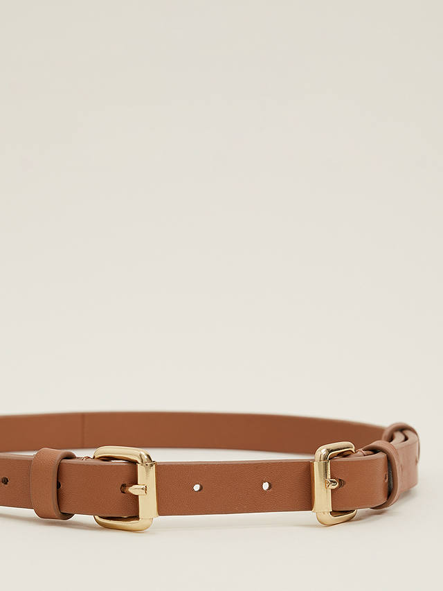 Phase Eight Double Buckle Slim Leather Belt, Tan