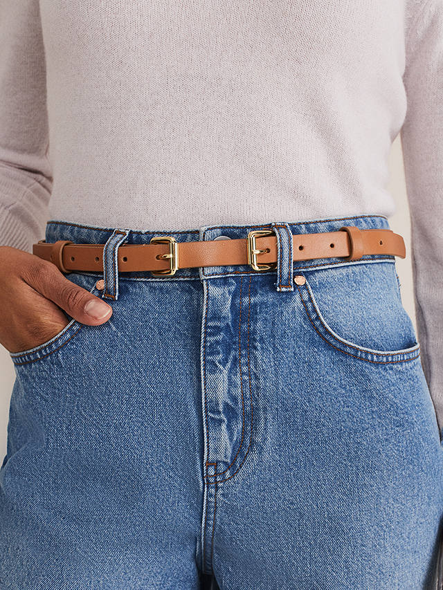 Phase Eight Double Buckle Slim Leather Belt, Tan
