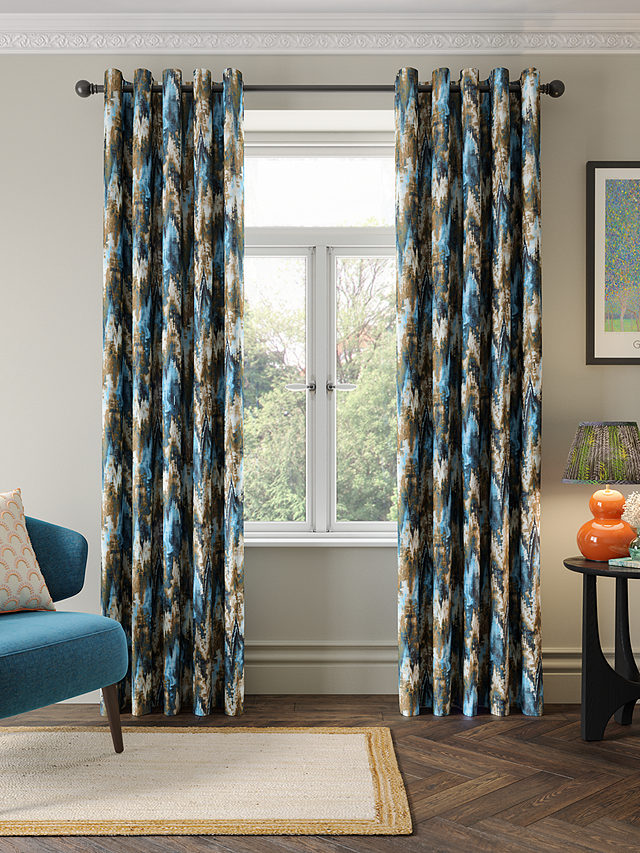 Harlequin Distortion Blue Pair Lined Eyelet Curtains, Navy/Ochre, W167 x Drop 137cm