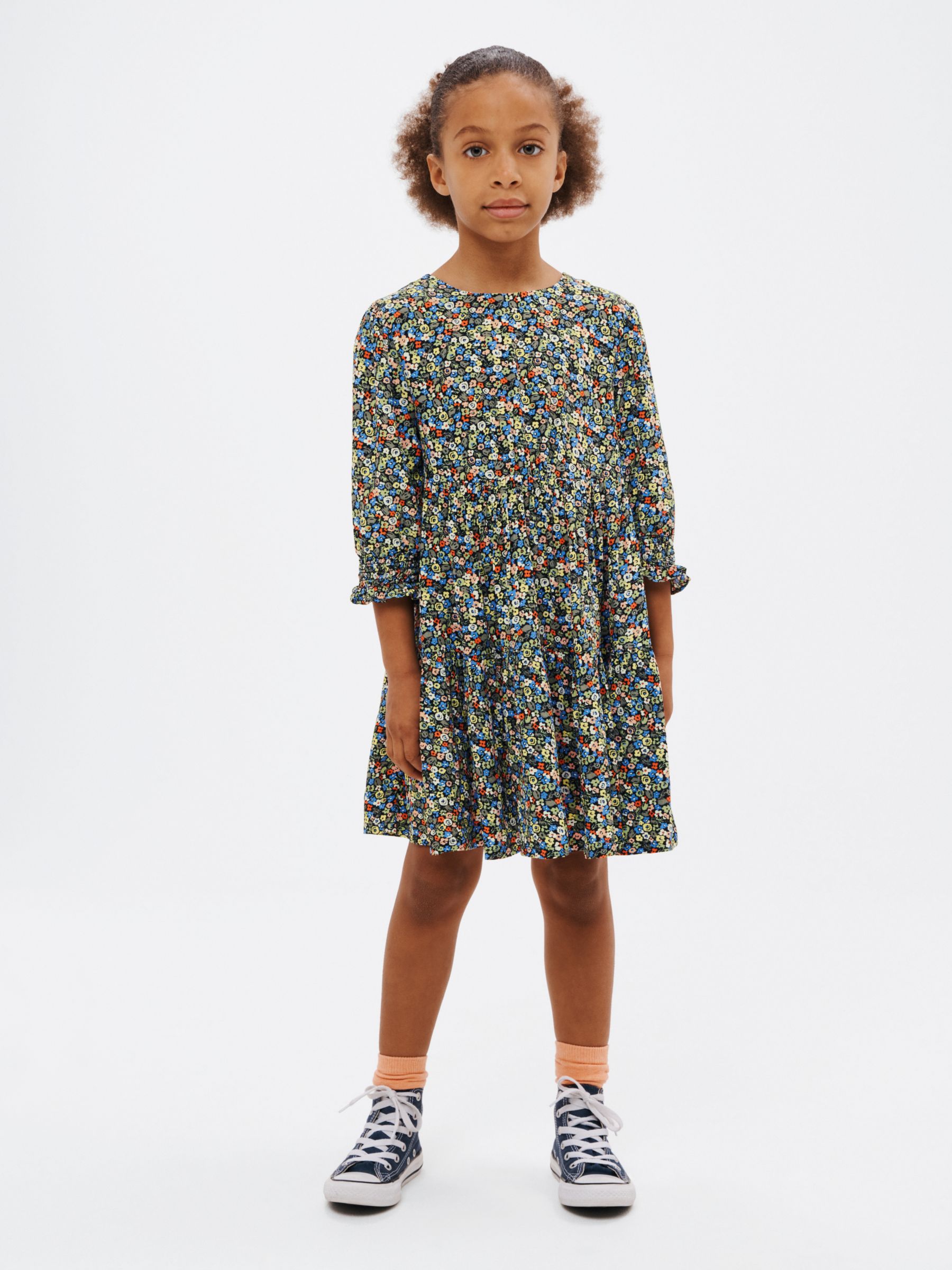 John Lewis Kids' Floral Crepe Tiered Dress, Carbon at John Lewis & Partners