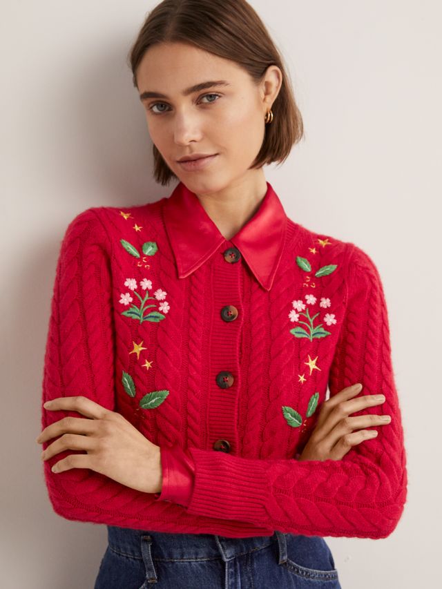 Boden Embroidered Wool Blend Cardigan, Red, 8