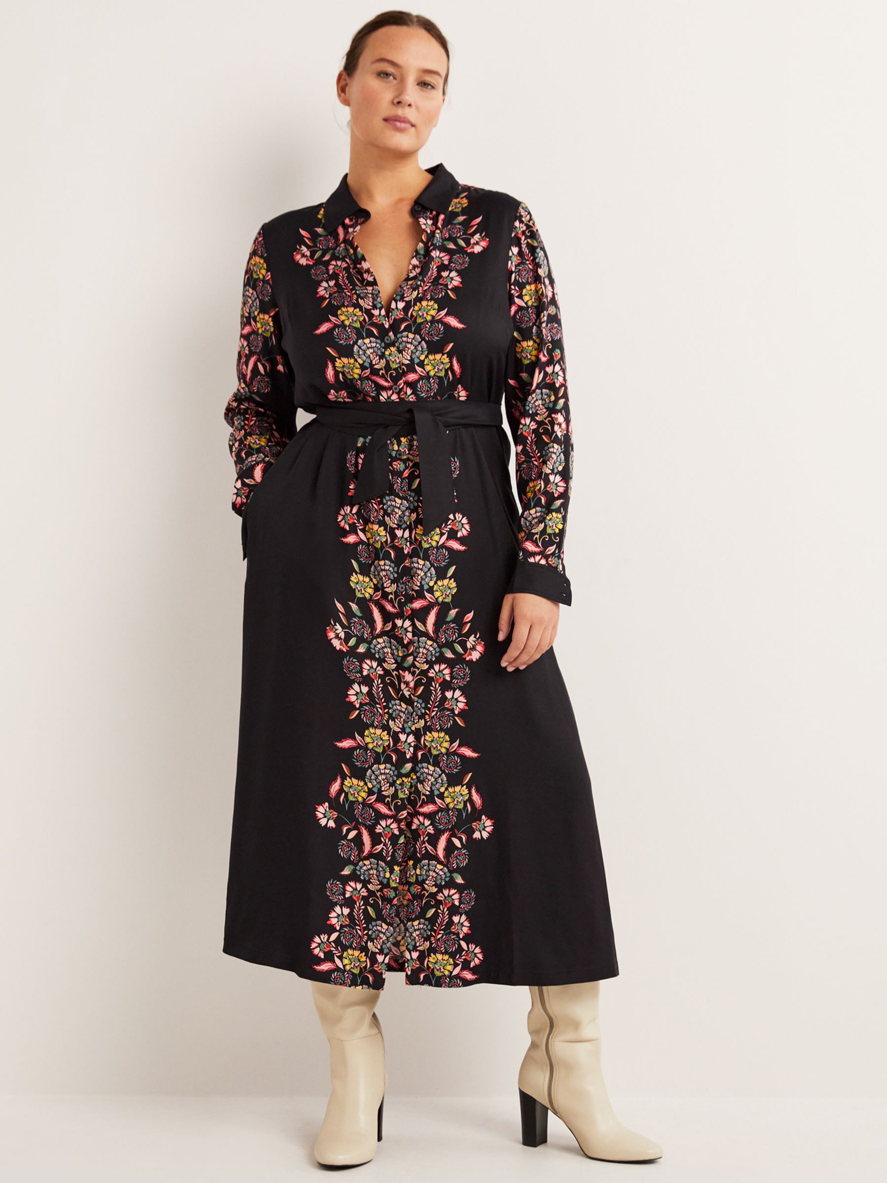 Boden Long Sleeve Floral Print Midi Dress, Black