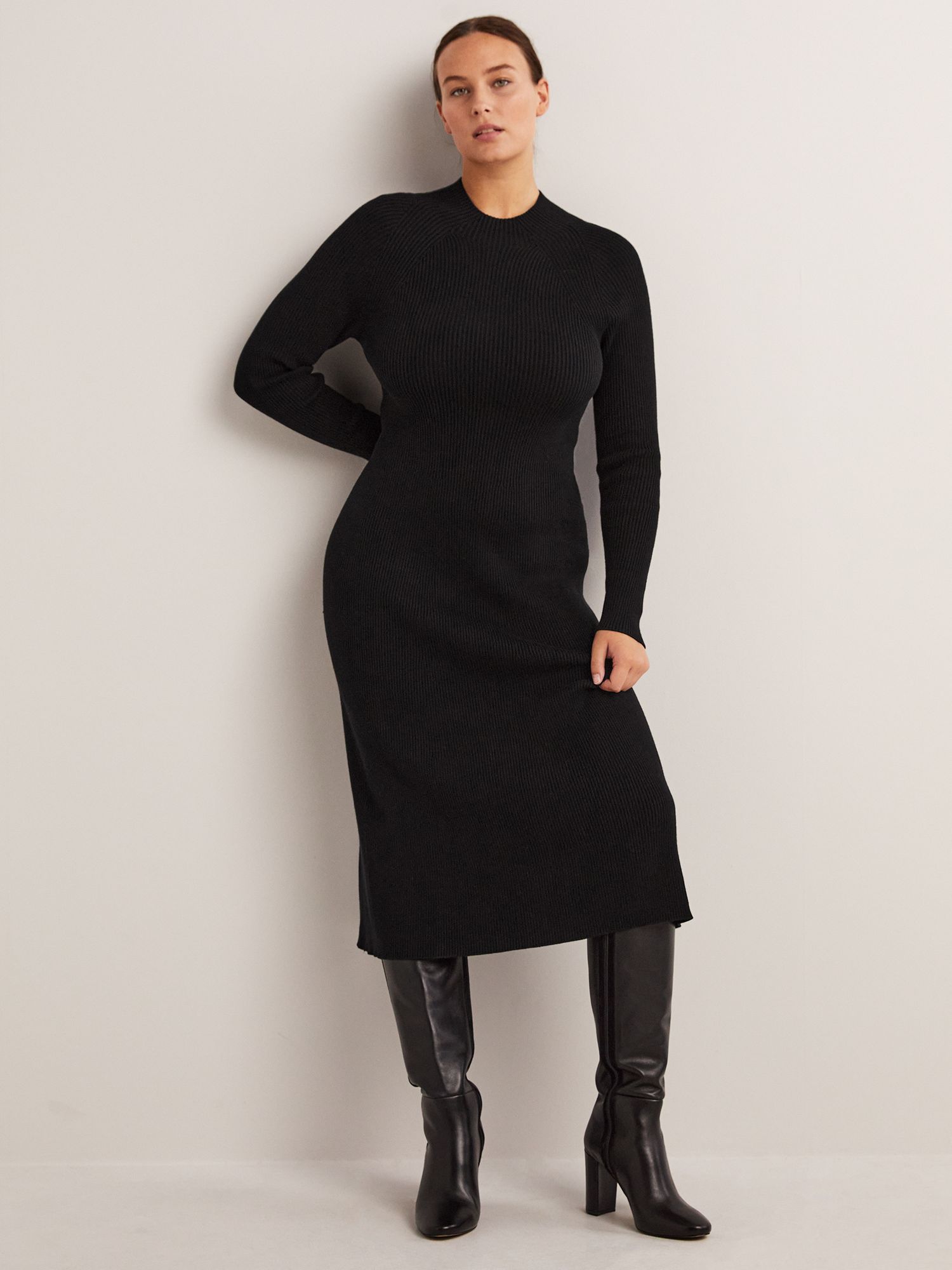 Boden Ribbed Knitted Midi Dress, Black, 8