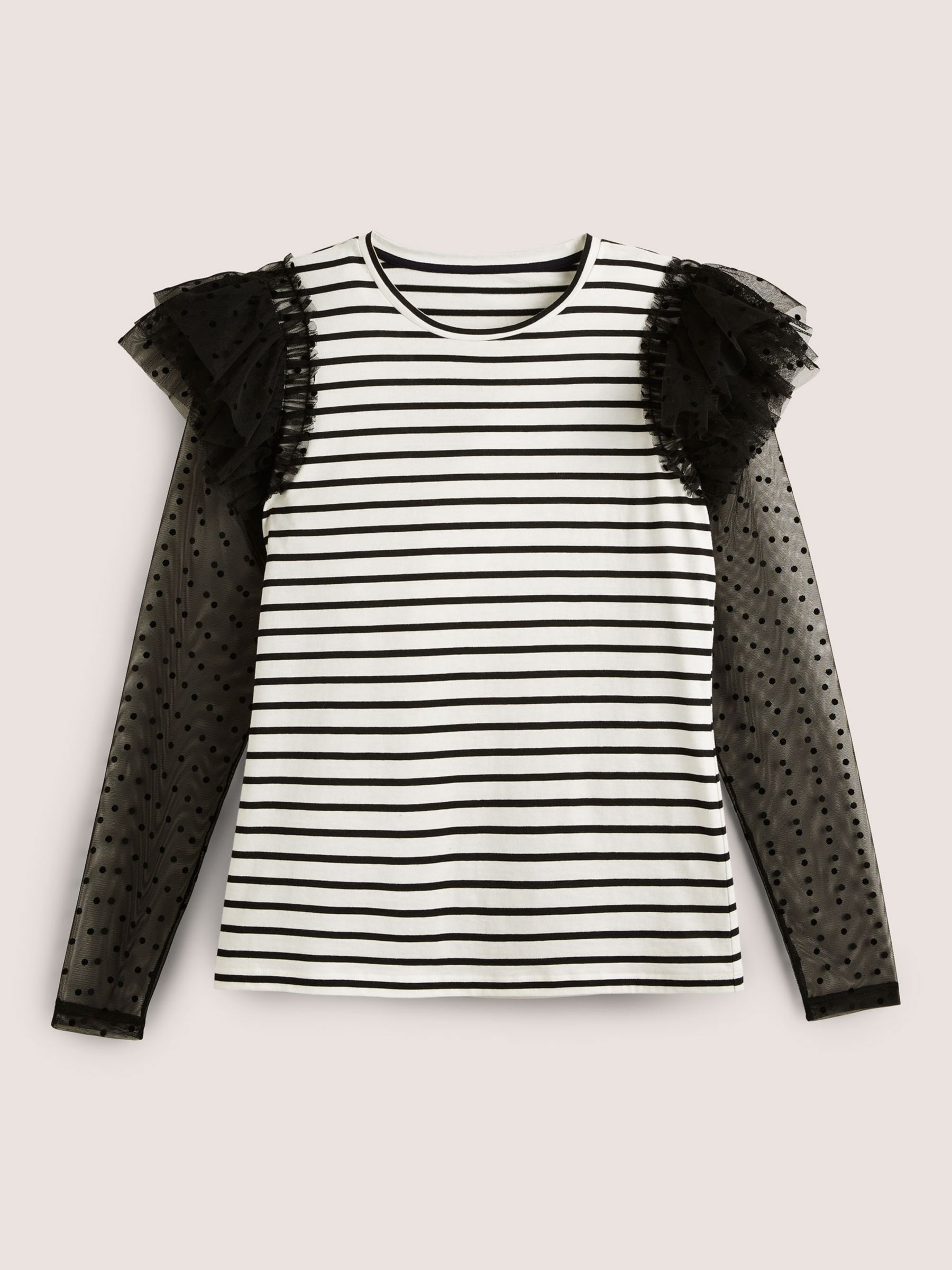 Boden Long Sleeve Tulle Detail Breton Top, Ivory/Black at John Lewis ...