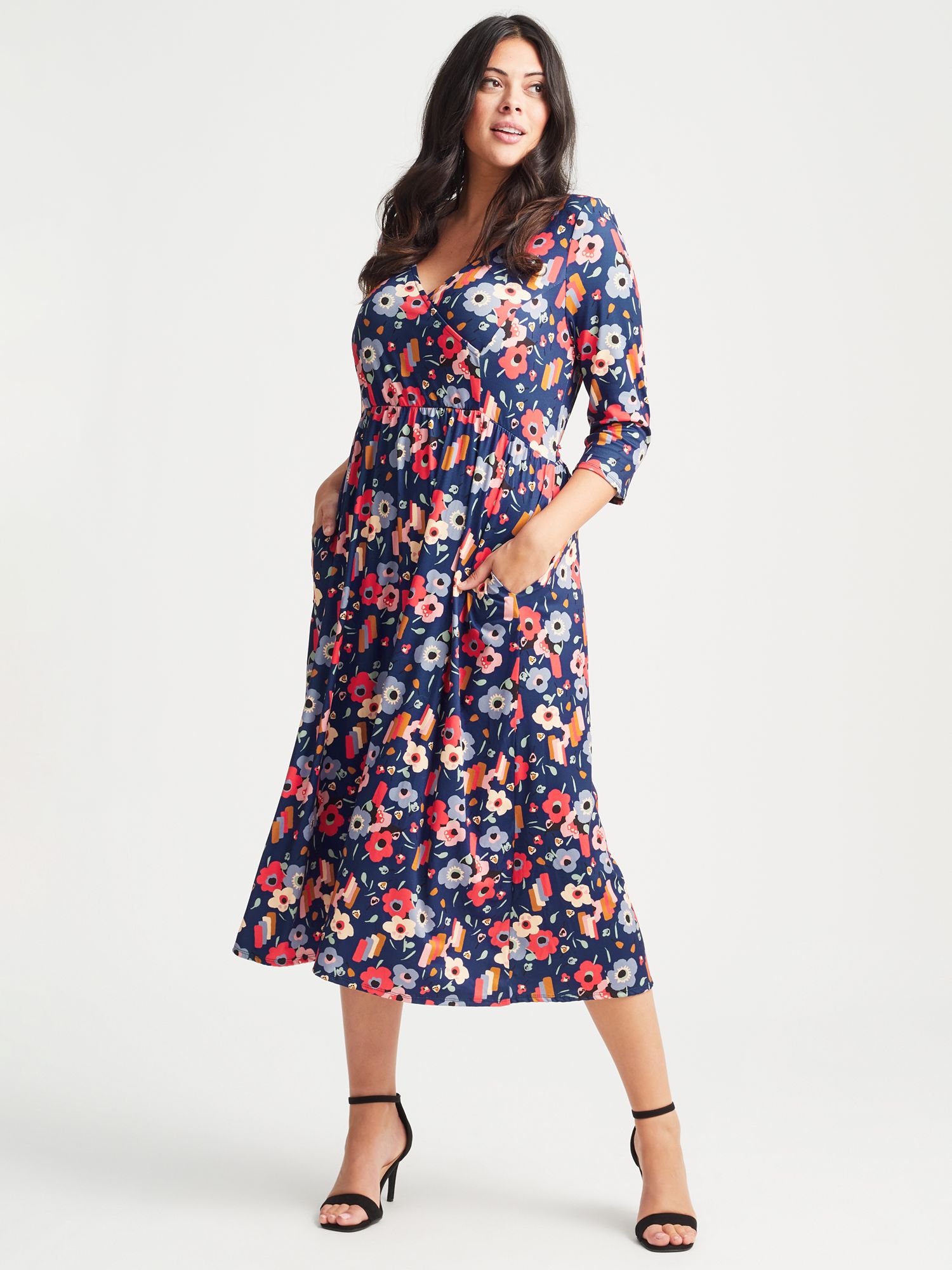 Scarlett & Jo Floral Print Wrap Front Jersey Midi Dress, Blue/Red at ...