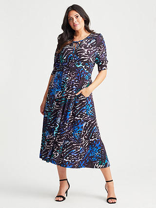 Scarlett & Jo Leopard Print Warp Tie Neck Midi Dress, Blue/Multi