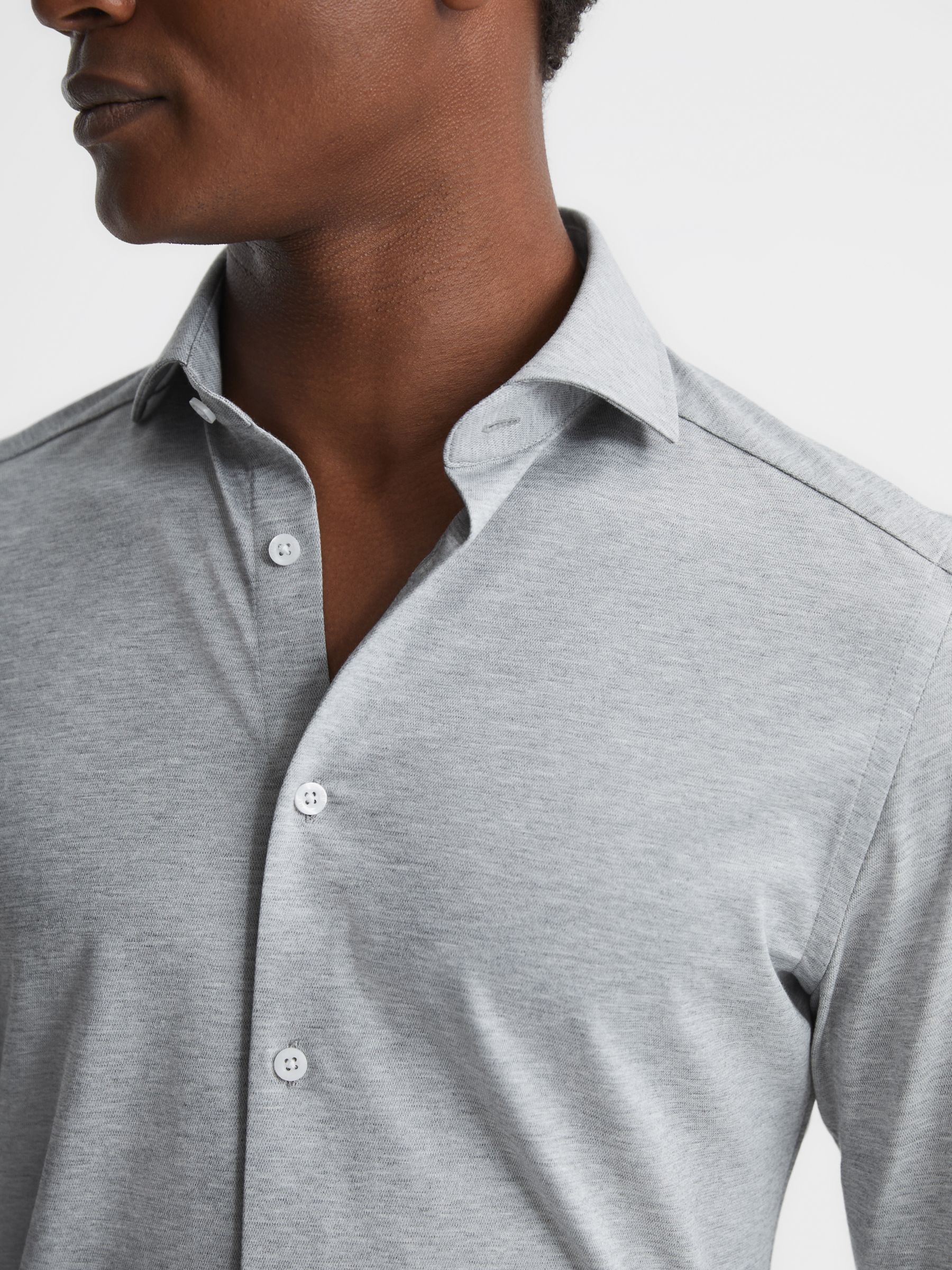 Reiss Nate Cutaway Collar Slim Fit Jersey Shirt, Grey Melange, XS