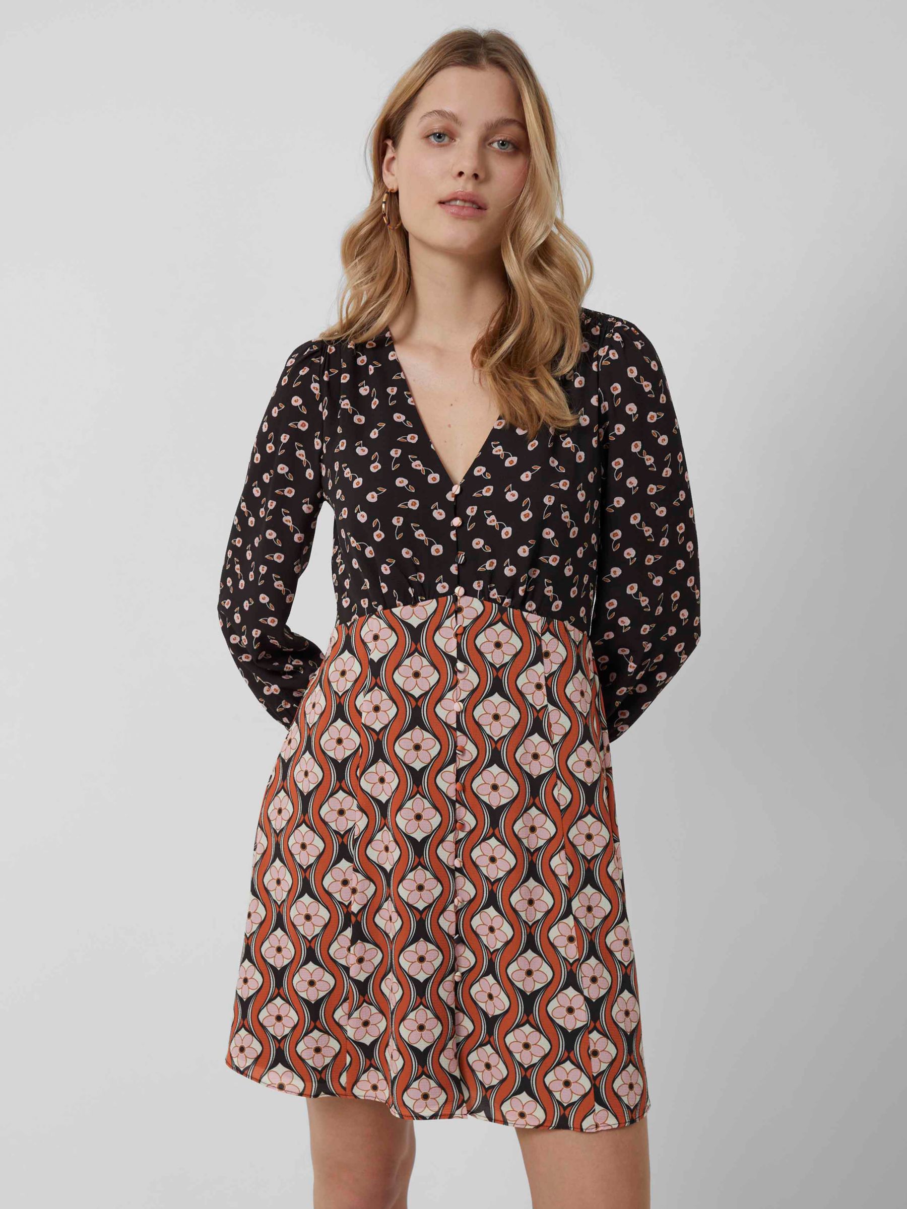 French Connection Francine Floral Geometric Print Mini Dress, Moonless ...