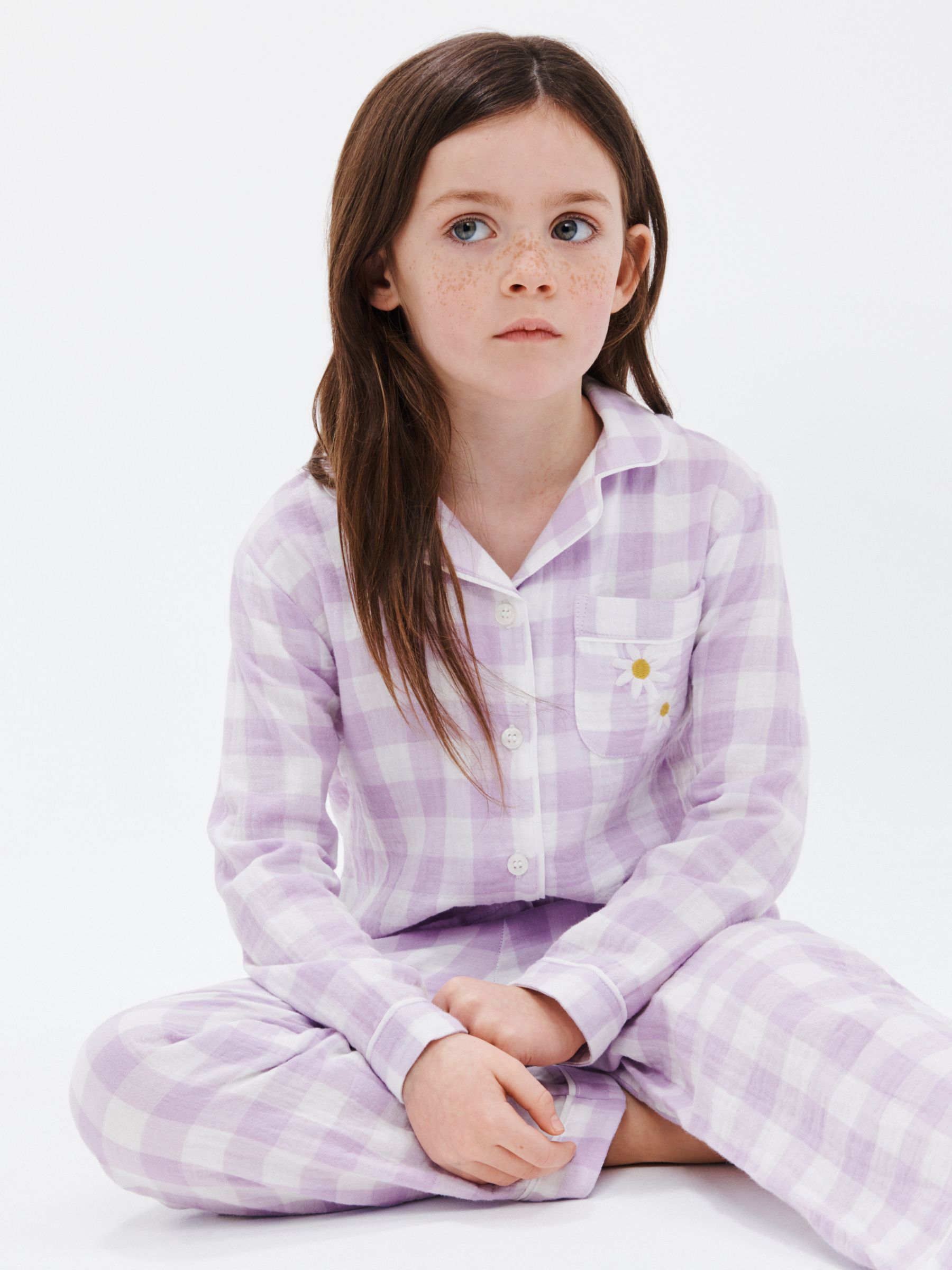 John Lewis Kids' Gingham Ditsy Flower Pocket Pyjama Set, Purple