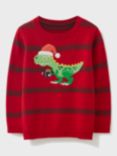 Crew Clothing Kids' Festive Dinosaur Stripe Jumper, Berry Red
