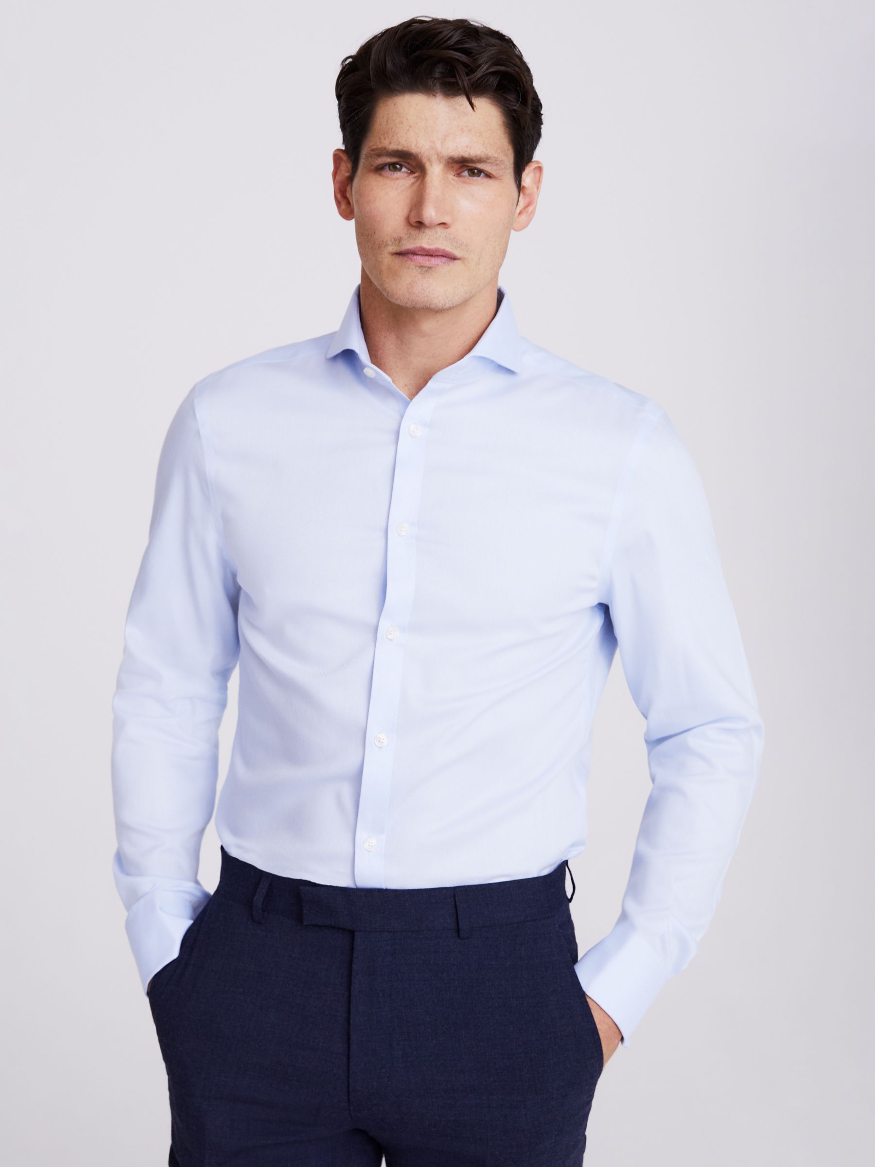 Moss Slim Fit Royal Oxford Non-Iron Double Cuff Shirt, Blue, 14