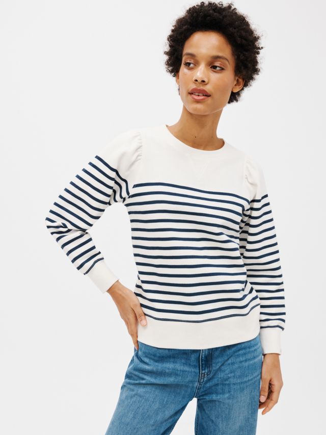 John Lewis ANYDAY Stripe Puff Sleeve Sweatshirt Navy White XS