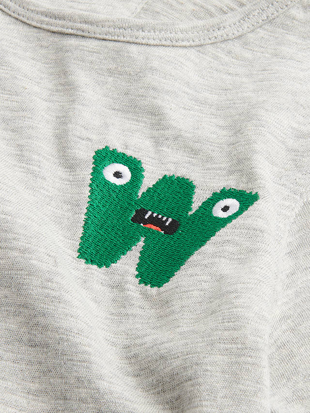 Whistles Kids' Organic Cotton Monster Embroidered T-Shirt, Grey Marl