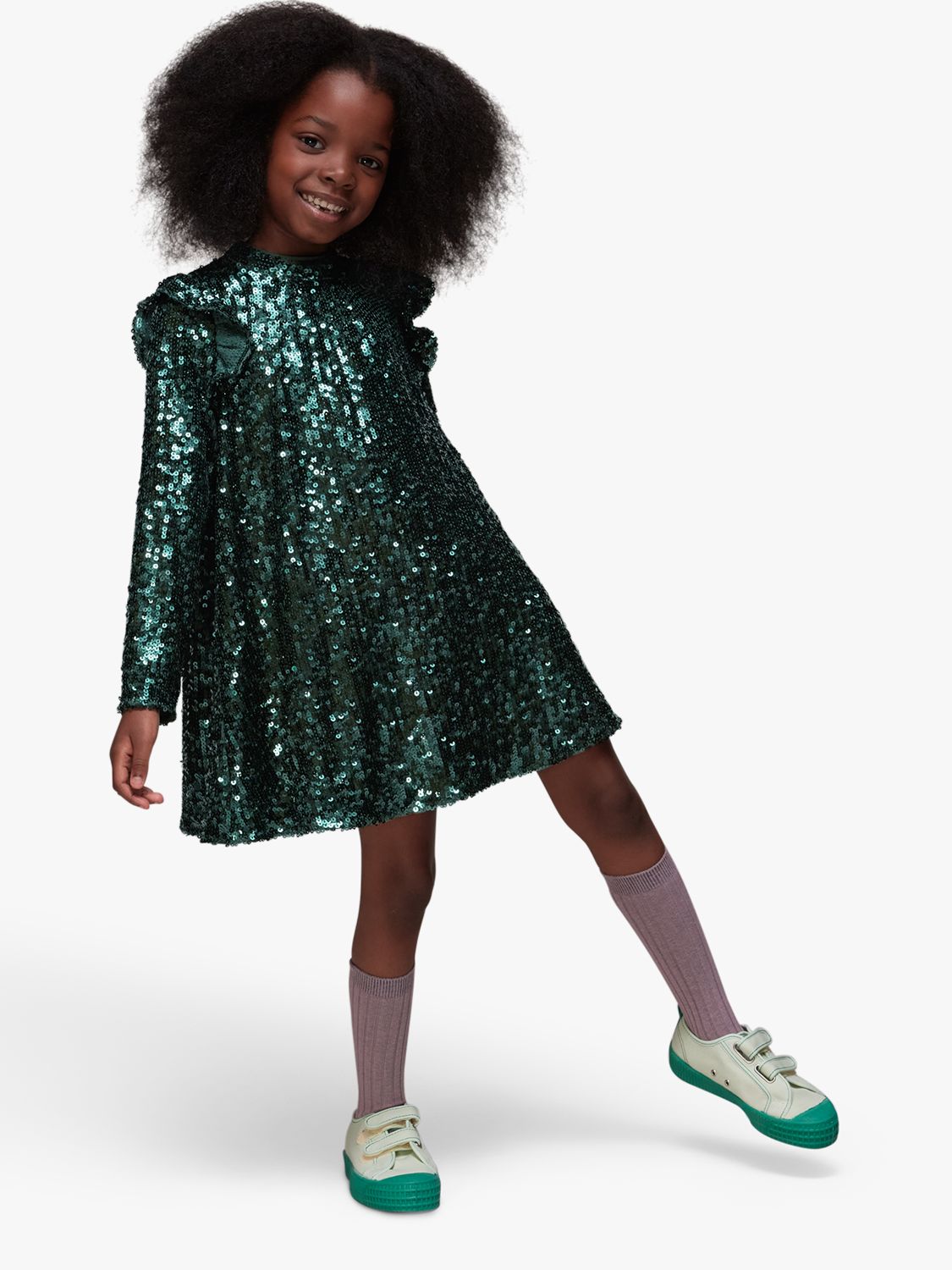 Whistles Kids' Alma Sequin Dress, Dark Green, 3-4 years