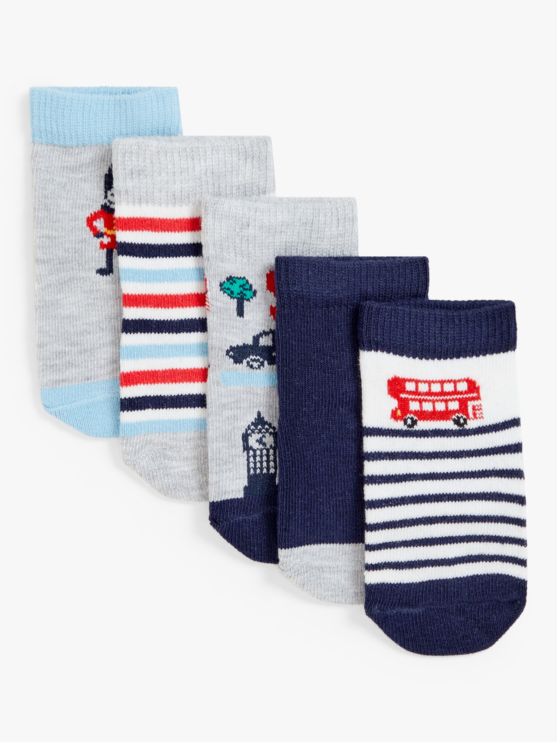 John Lewis Baby Organic Cotton Rich London Transport Theme Socks, Pack of 5, Multi, 0-3 months