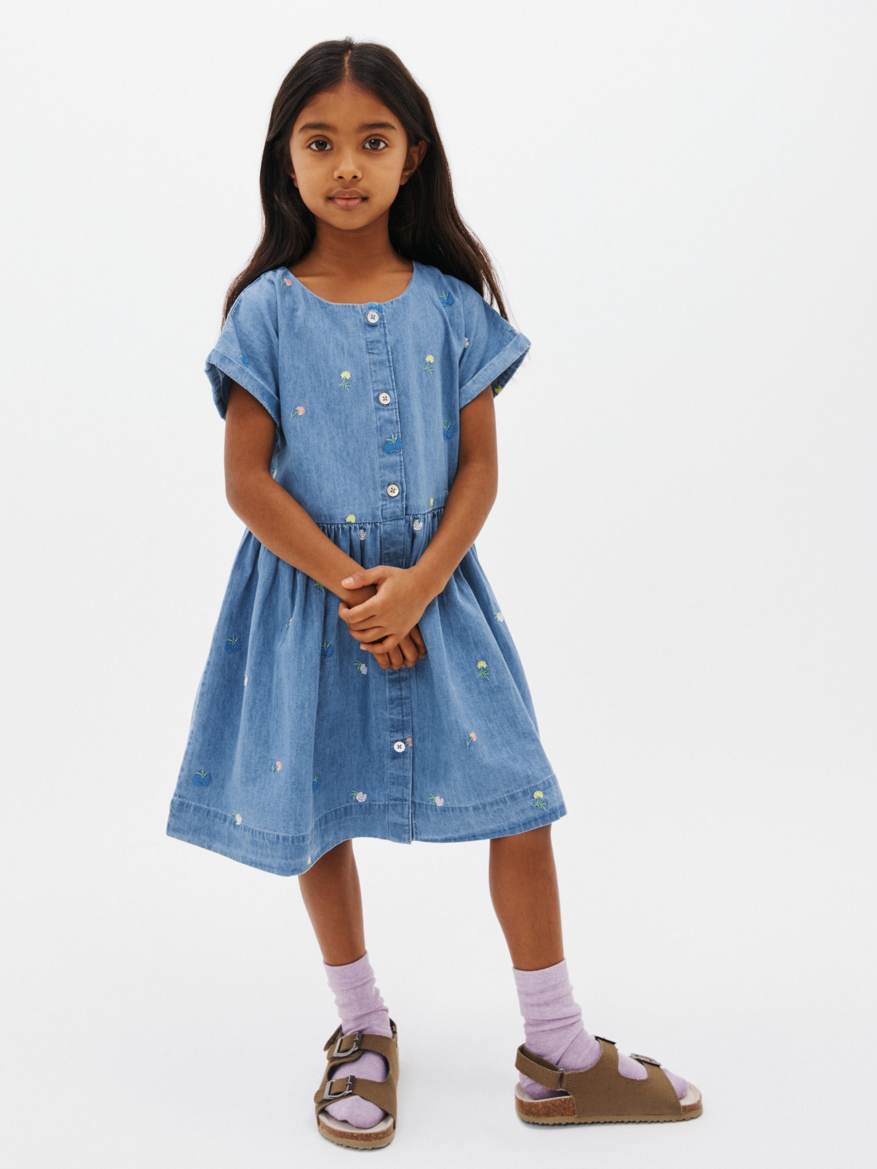 John Lewis Kids' Floral Embroidery Denim Chambray Dress, Mid Wash