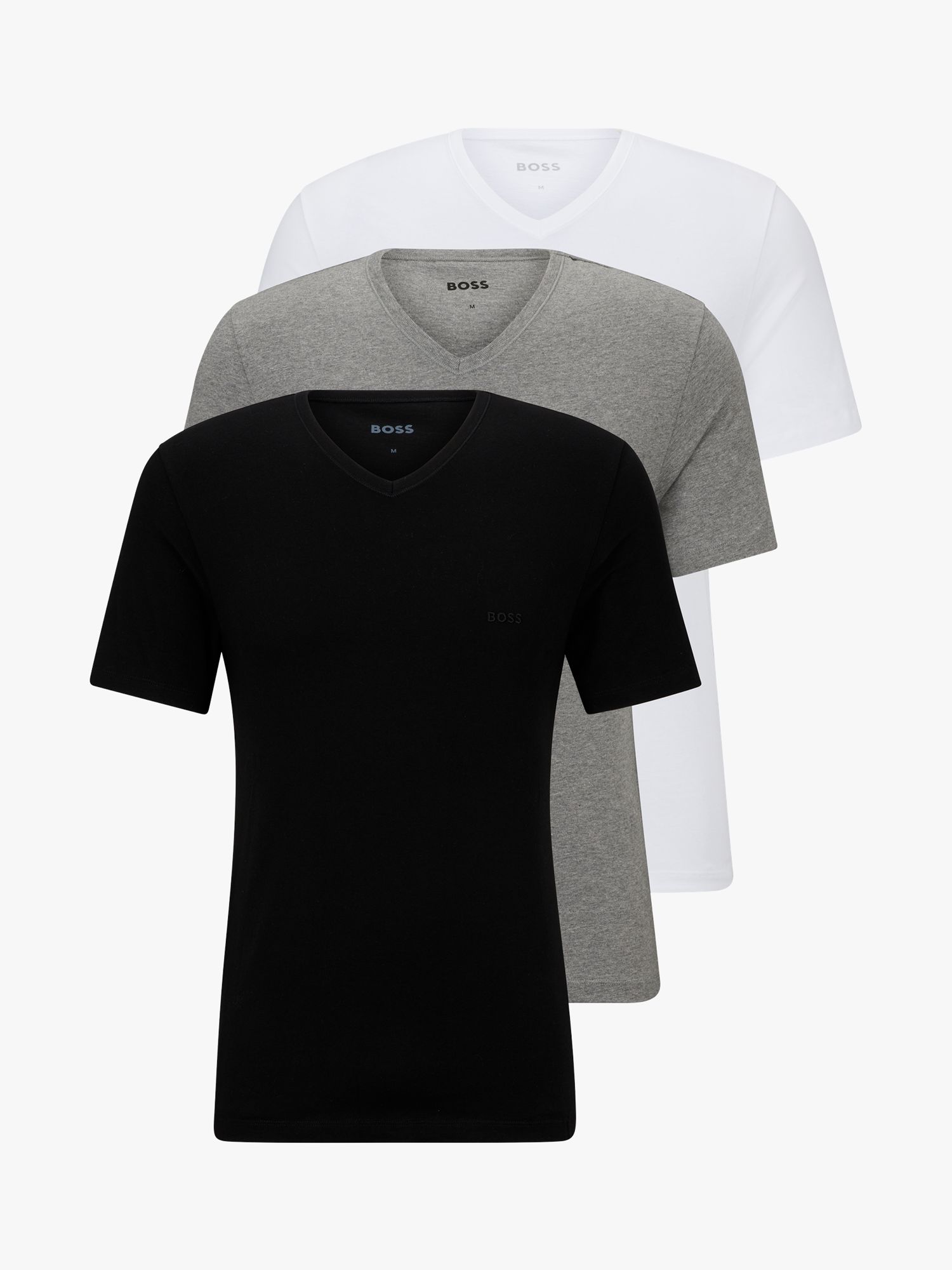 HUGO BOSS Embroidered Logo Cotton V-neck T-shirt, Pack of 3, White/Grey ...
