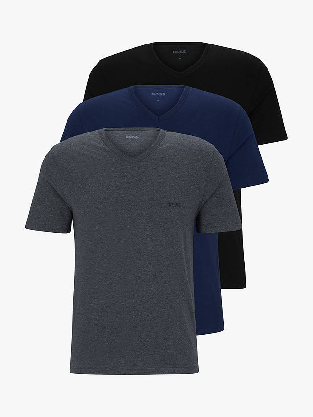 HUGO BOSS Embroidered Logo Cotton V-neck T-shirt, Pack of 3, Blue/Black/Grey