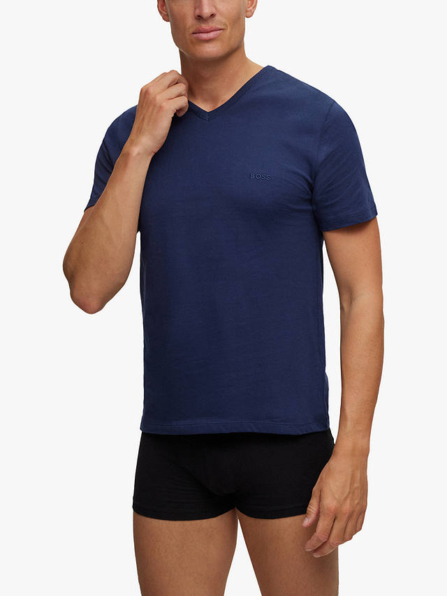 HUGO BOSS Embroidered Logo Cotton V-neck T-shirt, Pack of 3, Blue/Black/Grey