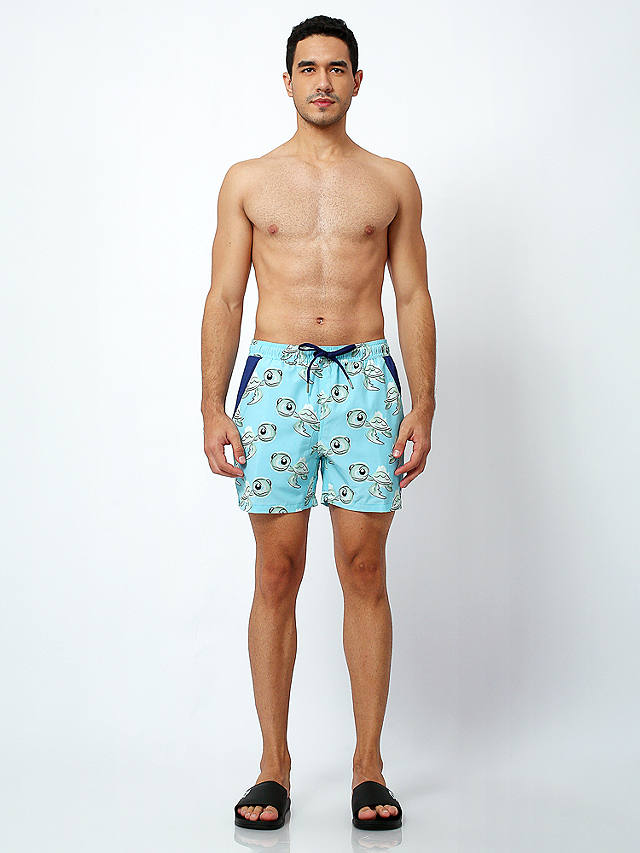 Randy Cow Turtle Print Swim Shorts with Waterproof Pocket, Blue
