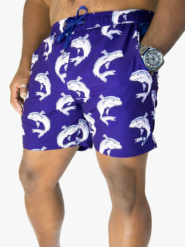 Randy Cow Shark Print Swim Shorts with Waterproof Pocket, Blue
